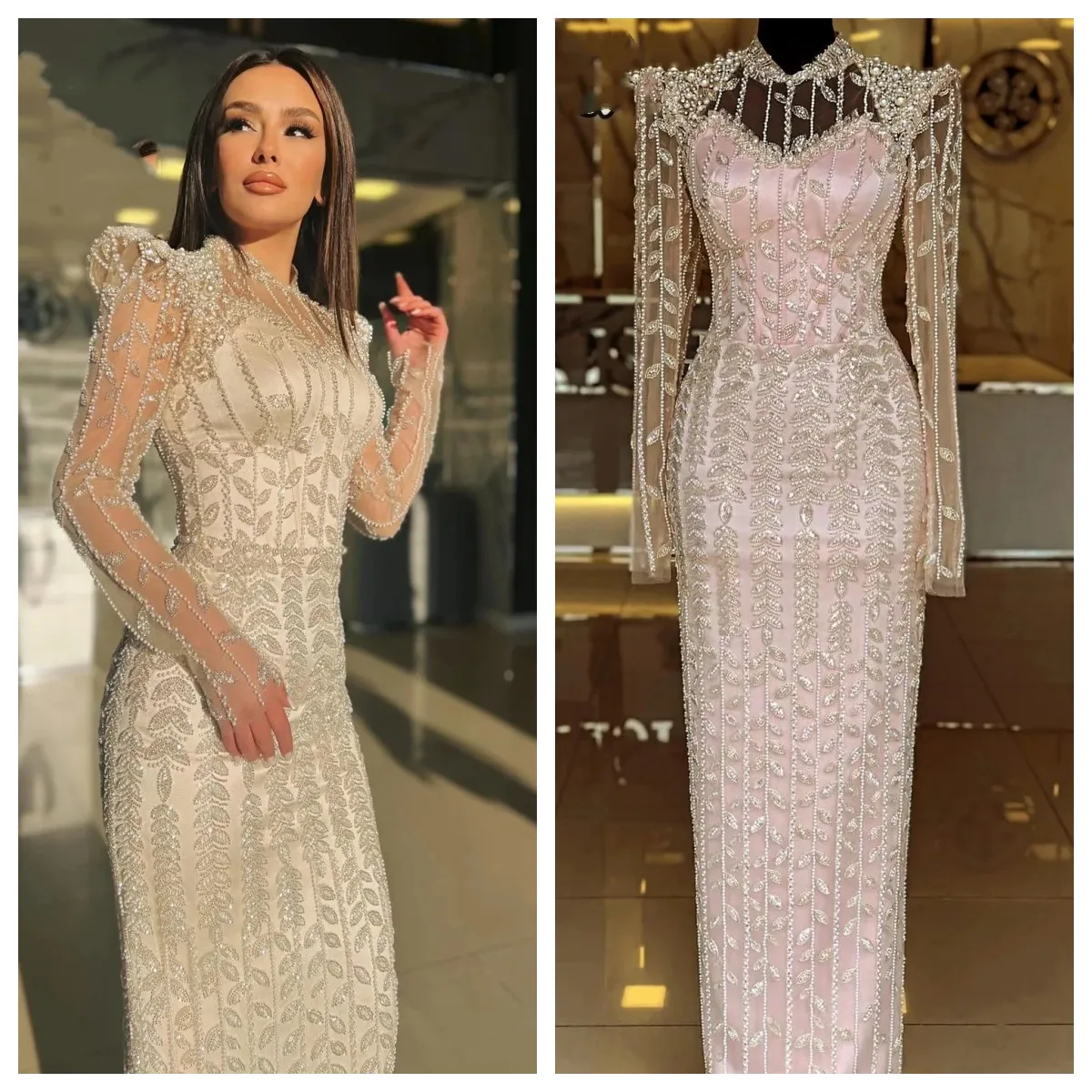

Luxury Pearls Beige Long Sleeves Arabic Evening Dresses Pink Dubai Muslim Women Wedding Party Gowns Customized