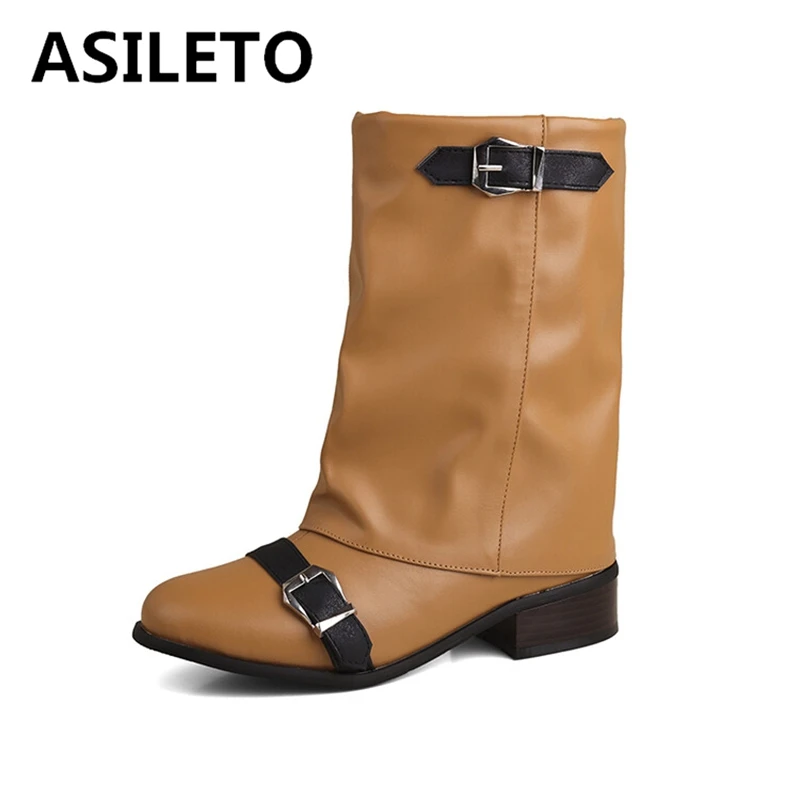 ASILETO 2024 New Women Midcalf Boots 3.5cm Square Heel Wide Leg Round Toe Buckles Black Apricot Casual Big Size 43 44 45 46 47