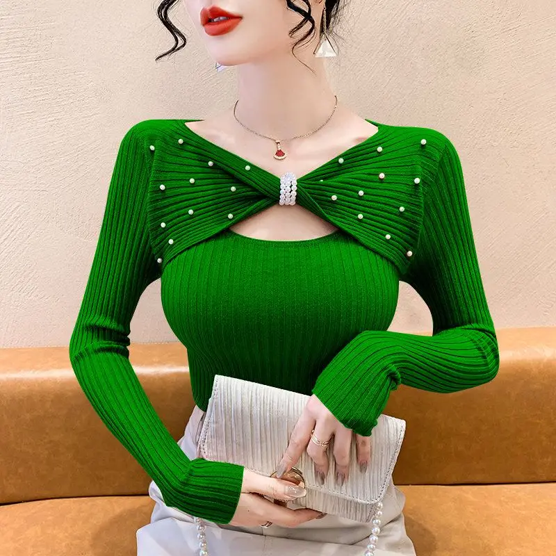 2026 New Fall Winter Knitted Sweater Chic Sexy Patchwork Hollow Out Shiny Diamonds Women Long Sleeve Pullovers Drill Tops