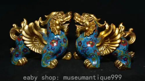 6.8" Old Chinese Xuande Marked Bronze Cloisonne Gilt Fly Kylin Beast Statue Pair