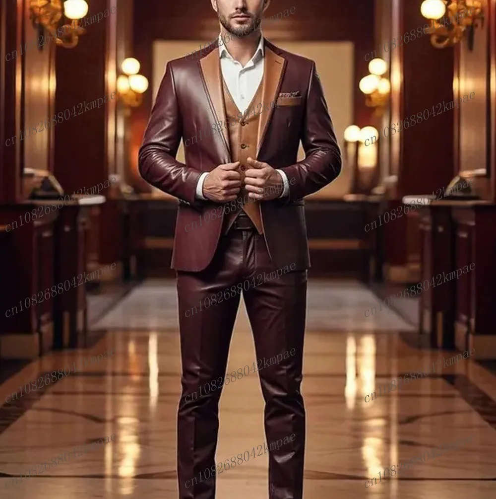 

New Satin Men Suit Formal Groom Groomsman Wedding Party Prom Male Business Tuxedos 3 Piece Set Blazer Vest Pants