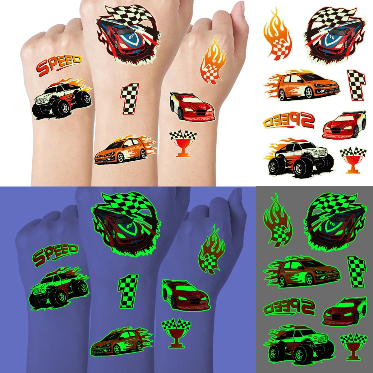 Tatuajes temporales de carreras que brillan en la oscuridad para niños y adolescentes, coche luminoso, pegatina de tatuaje falso impermeable,