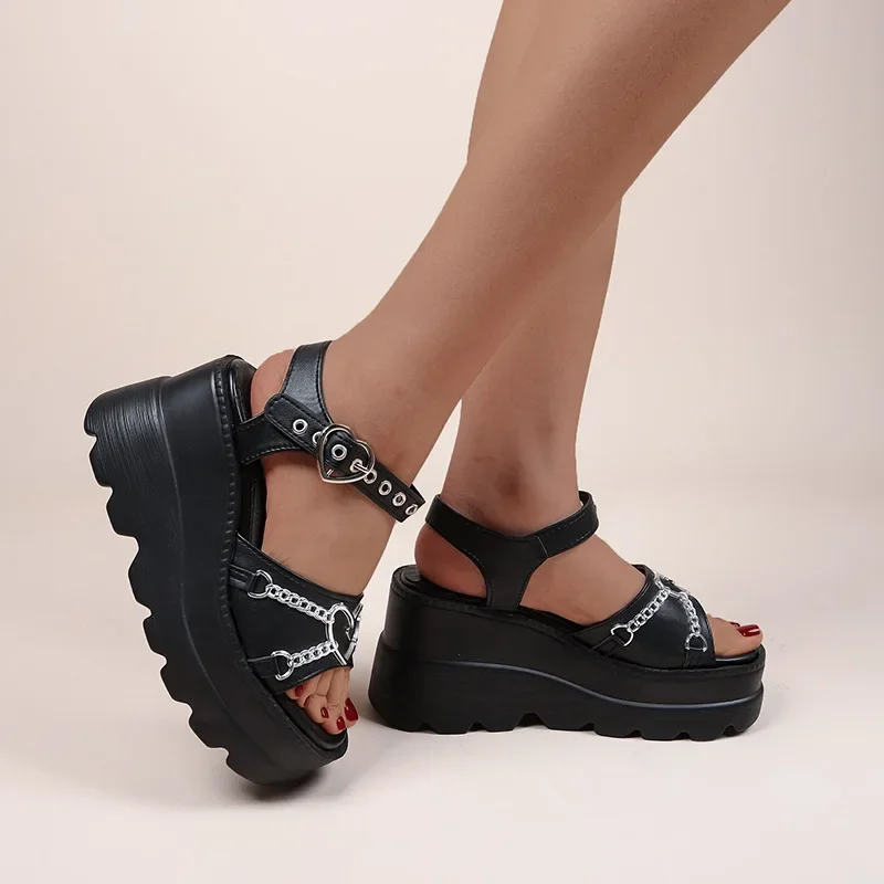 2024 Summer Big Size Lolita Zapatos Mujer Metal Chain Love Thick Bottom Wedges Sandalias Black Casual Punk Style Roman Shoes