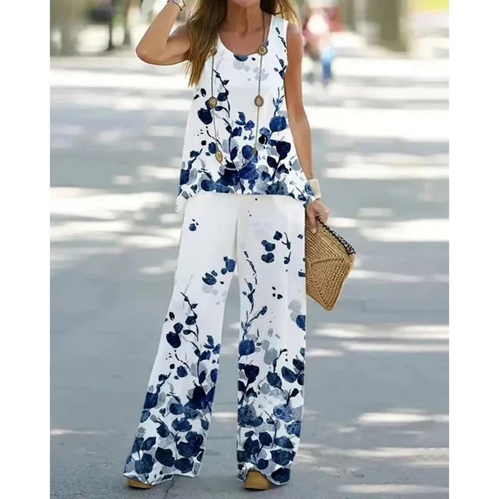 Women Floral Print Sleeveless Tank Top & Wide Leg Pants Set Loose Causal Streetwear Summer Suit Clothes Two Piece Set Women