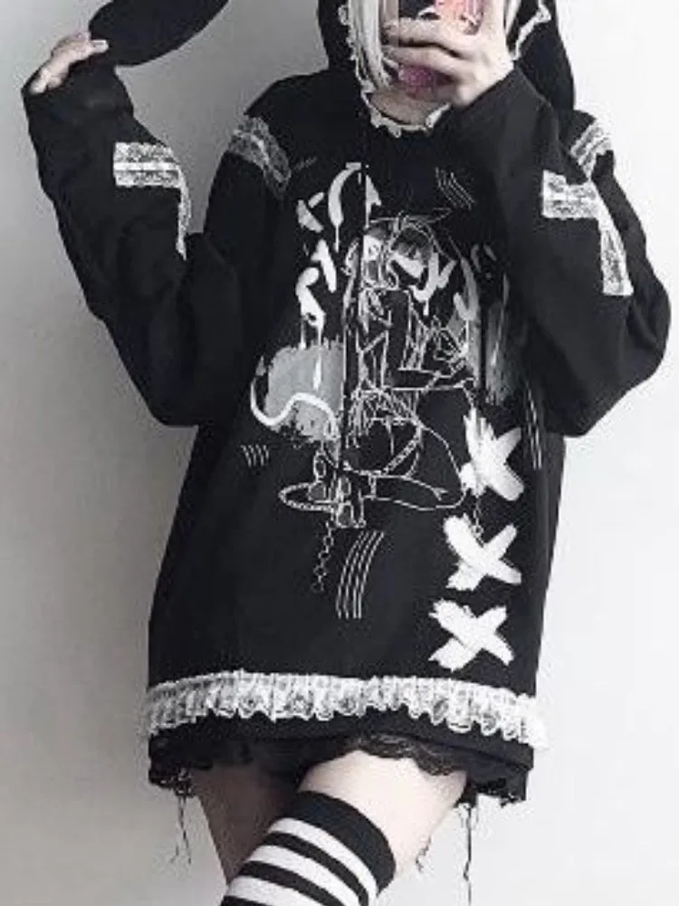 Y2k Aesthetic Hoodies Women Harajuku Print Lace Patchwork Vintage Loose Hoodie Casual Drawstring Sweatshirt Female Grunge Coats