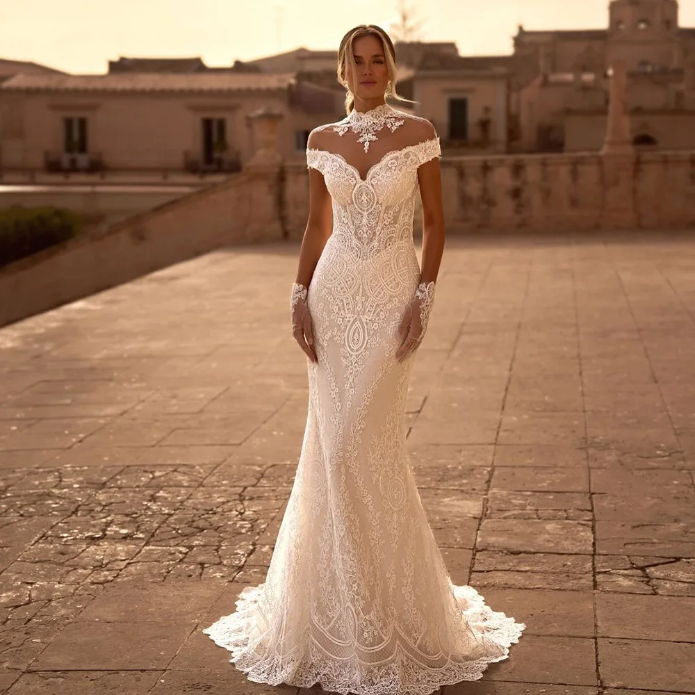 

Customized V-neck Sleeveless Wedding Dress with Off the Shoulder Dreamy Appliques Lace Robe de mariée Modern Mermaid Bridal Gown