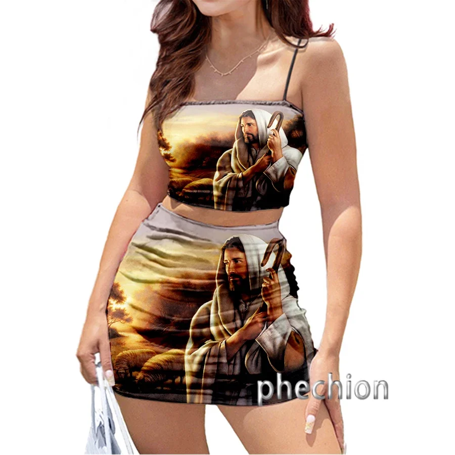 Phechion New Fashion 3D Print Jesus Women Club Outfits Sexy Sling Tube Tops and Short Dress 2pcs Dress Sets K09