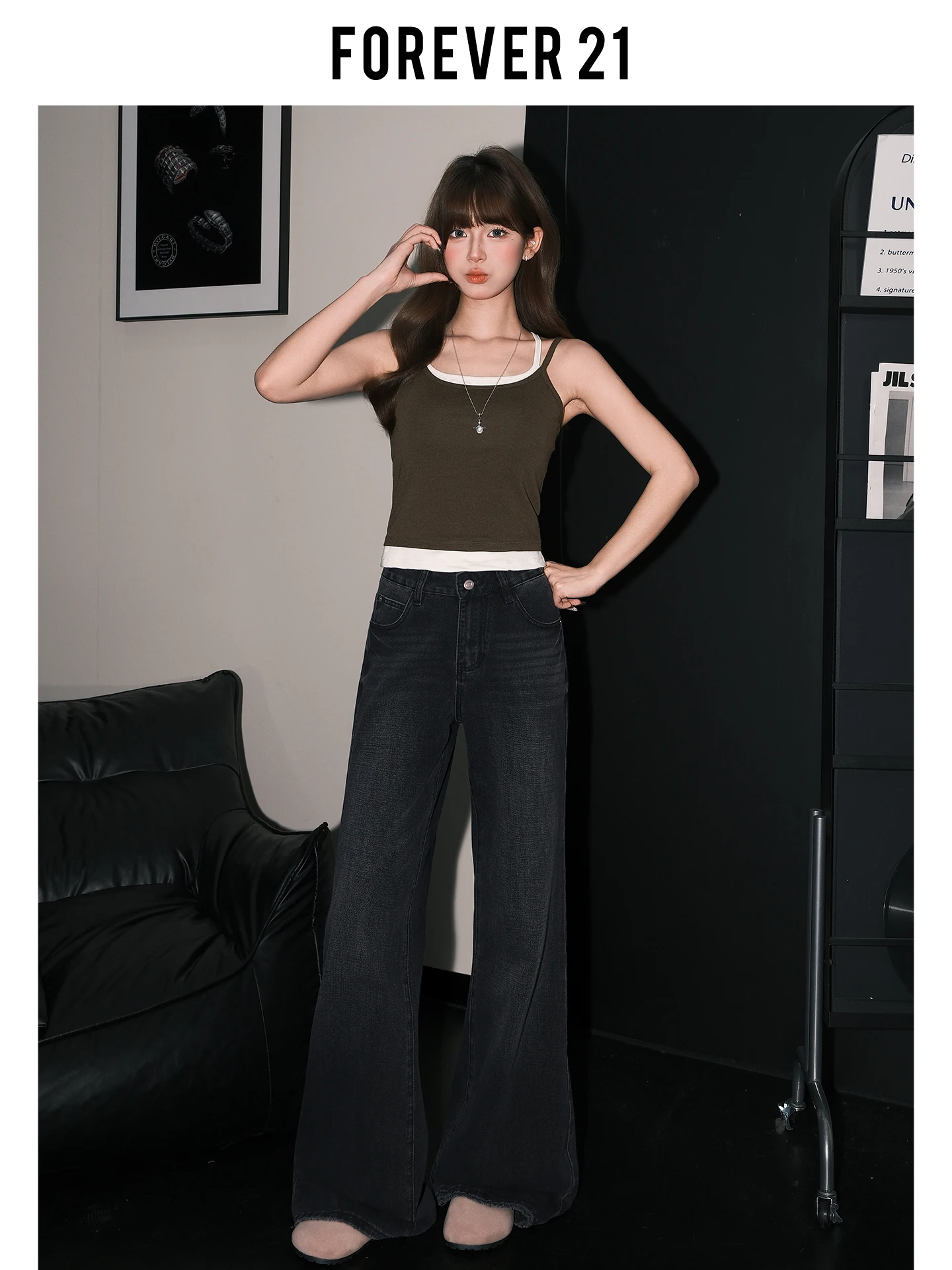 Calça jeans feminina de cintura alta, perna larga, corte reto, primavera, formato de pêra, calça emagrecedora, Forever 21, estilo americano, ajuste solto
