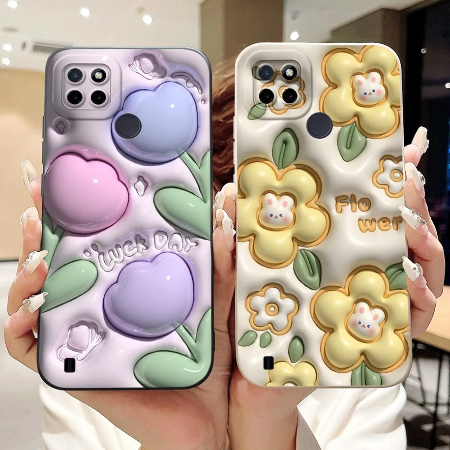 For Realme C21Y Case Realme C25Y Fashion Flower Cover Liquid Silicone Soft Capa Phone Case For Realme C21 C 21Y C 25Y Back Cover