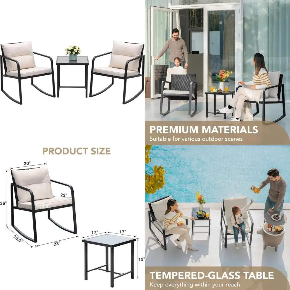 

3-Piece Wicker Outdoor Rocking Bistro Set with Glass Coffee Table for Patio and Porch Conversations (Beige)