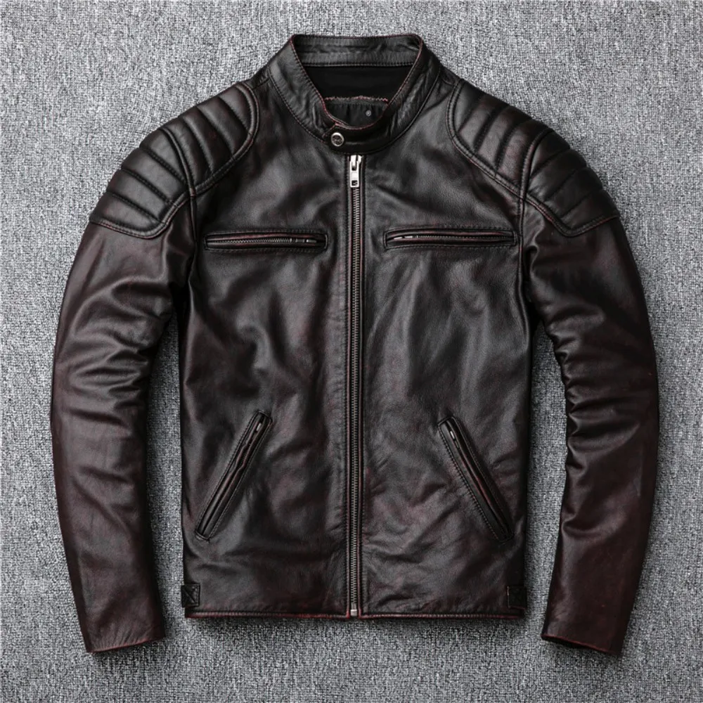 Autumn Europe Style Chic Men's High Quality Vintage Cow Leather Stand Collar Jackets F250