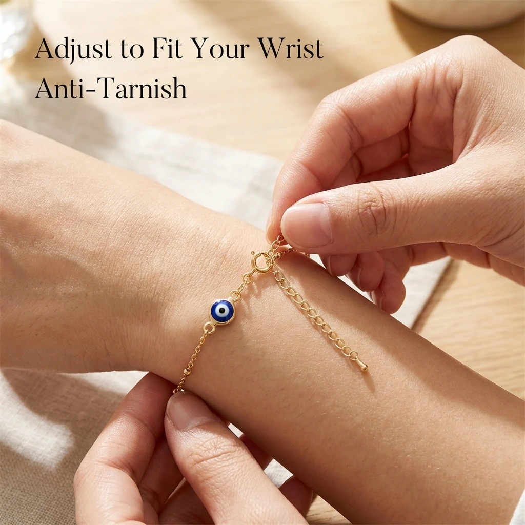Glücksbringer-Armband mit Bösem-Auge-Motiv für Frauen, Blaues Emaille-Augen-Charm, Goldfarben, Verstellbarer Armschmuck, Freundschaftsgeschenk – Detail 3