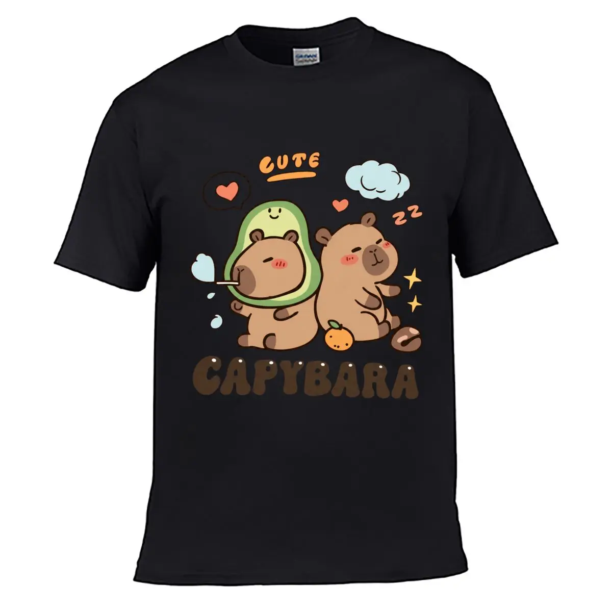 Cute Capybara Avocado Hearts Cloud Zzz Cartoon Solid Washed Vintage Tee Distressed Loose