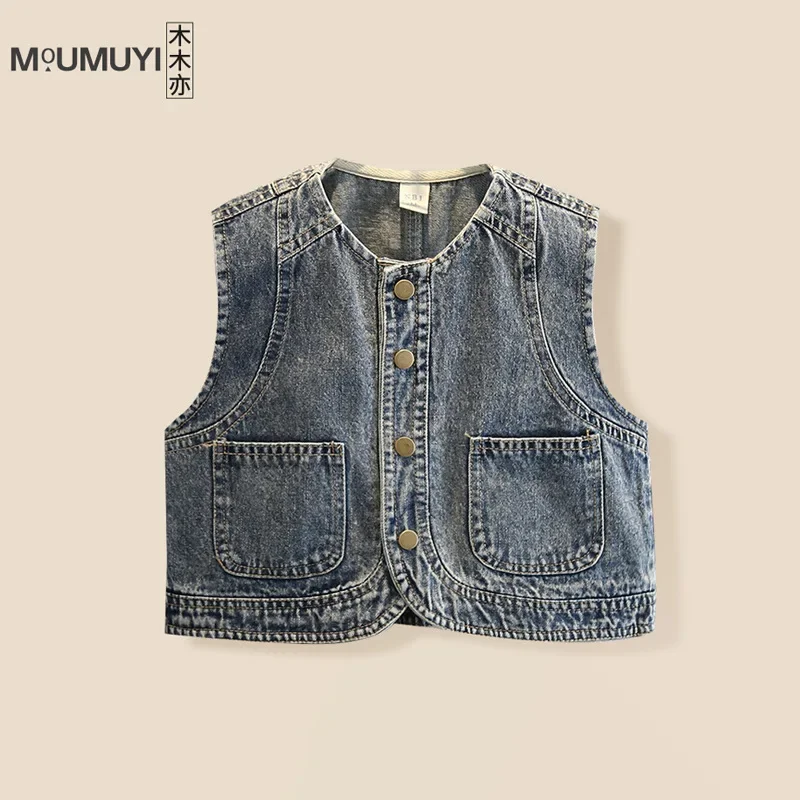 

Корейский джинсовый жилет для мальчиков, весенне-осенняя одежда, новый стиль 2025 года, детский модный жилет, весеннее повседневное пальто для малышей