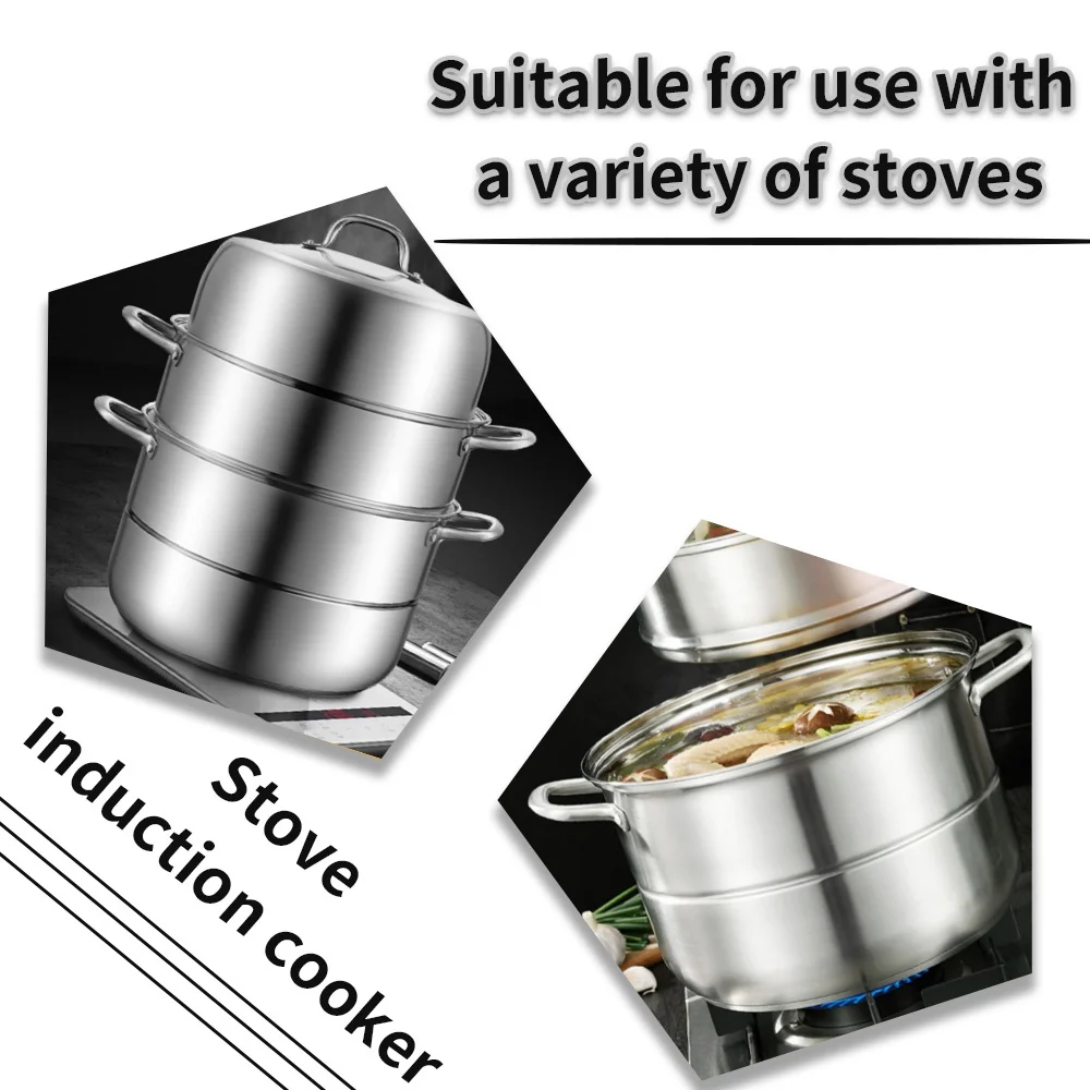 

3-слойная пароварка из нержавеющей стали, включает в себя 1 корпус кастрюли, 1 крышку, 1 подставку для приготовления на пару и 2 коврика для приготовления на пару.