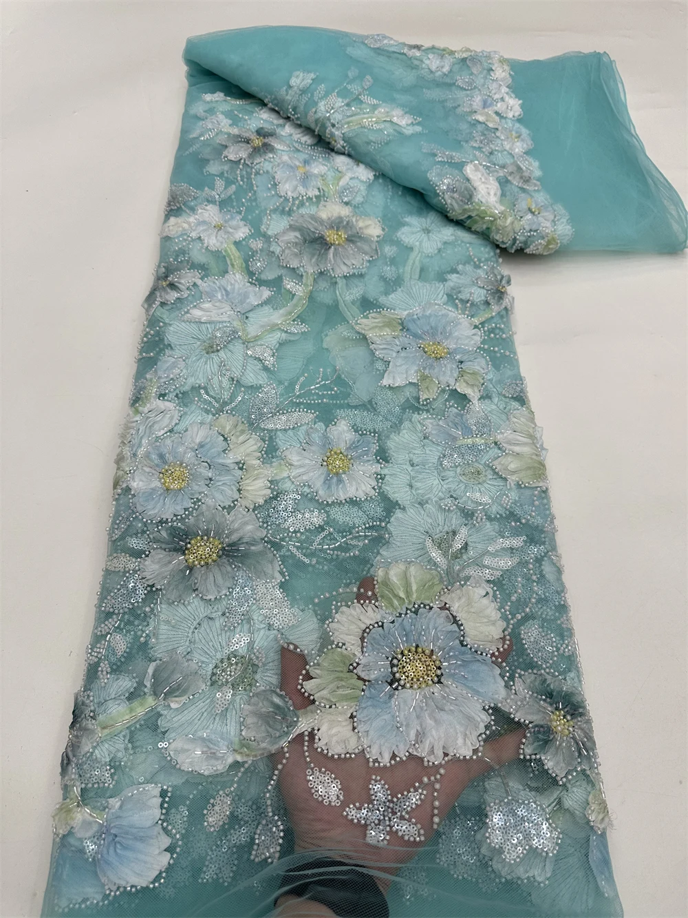 Latest African 3D Flower Lace Fabric Embroidery French Mesh Lace Fabric With Sequins Groom Nigerian Tulle Lace For Party Sewing