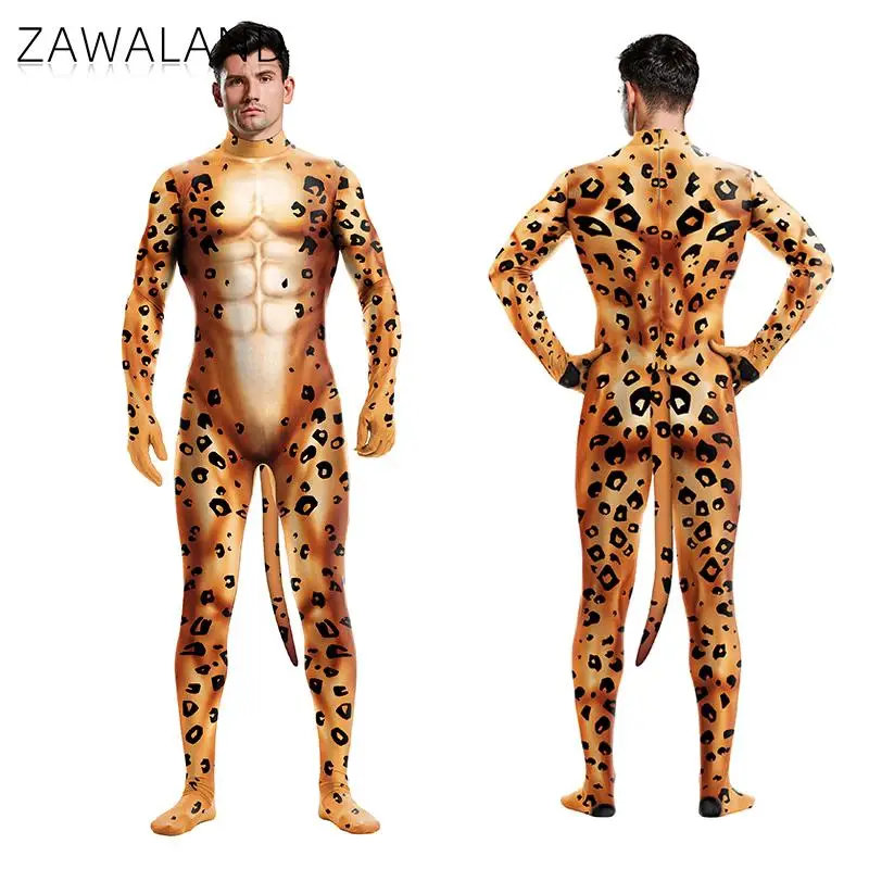 Zawaland Catsuit body per uomo 3D stampato leopardo con coda adulto animale Costume Cosplay abbigliamento cerniera tuta maschio Zentai