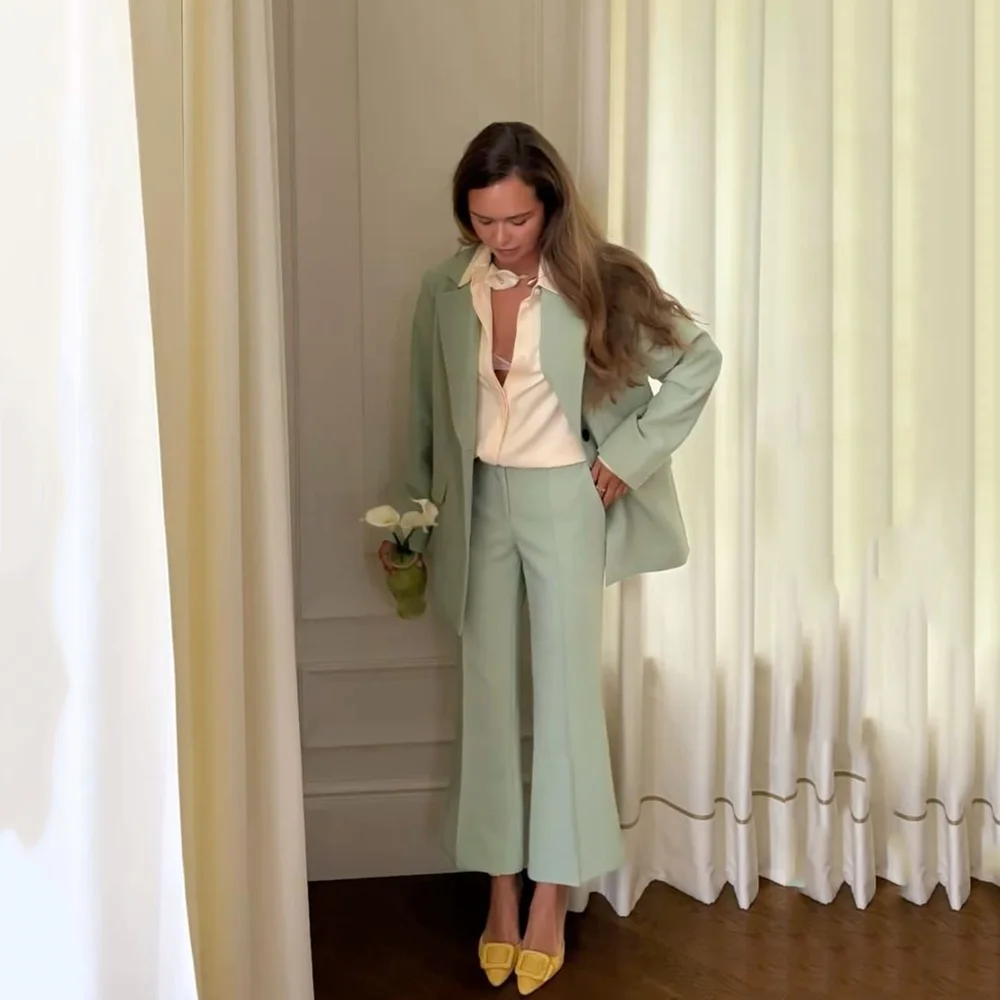Luxury Sage Green Women's Suits Fashion Peak Lapel Smart Casual Female Clothing Customzied 2 Piece Set Jacket Flare Pants