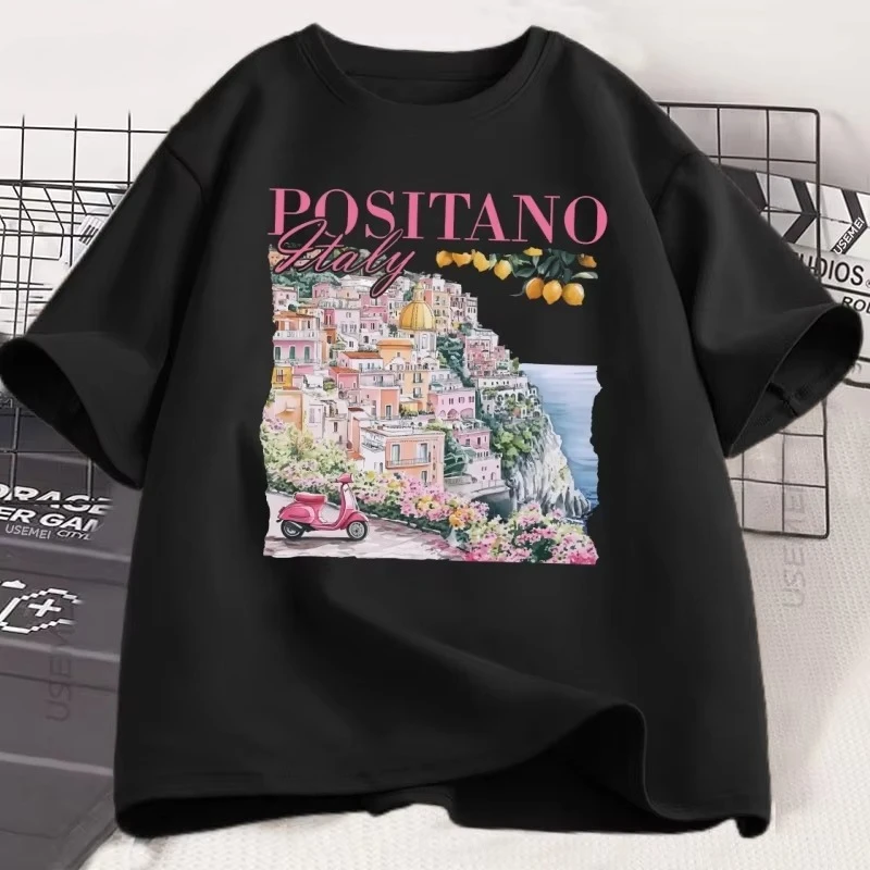 Positano إيطاليا تي شيرت خمر الإيطالية تي شيرت المتضخم لطيف المرأة الجرافيك المحملة الرجعية قصيرة الأكمام إيطاليا عطلة المحملة للجنسين #1