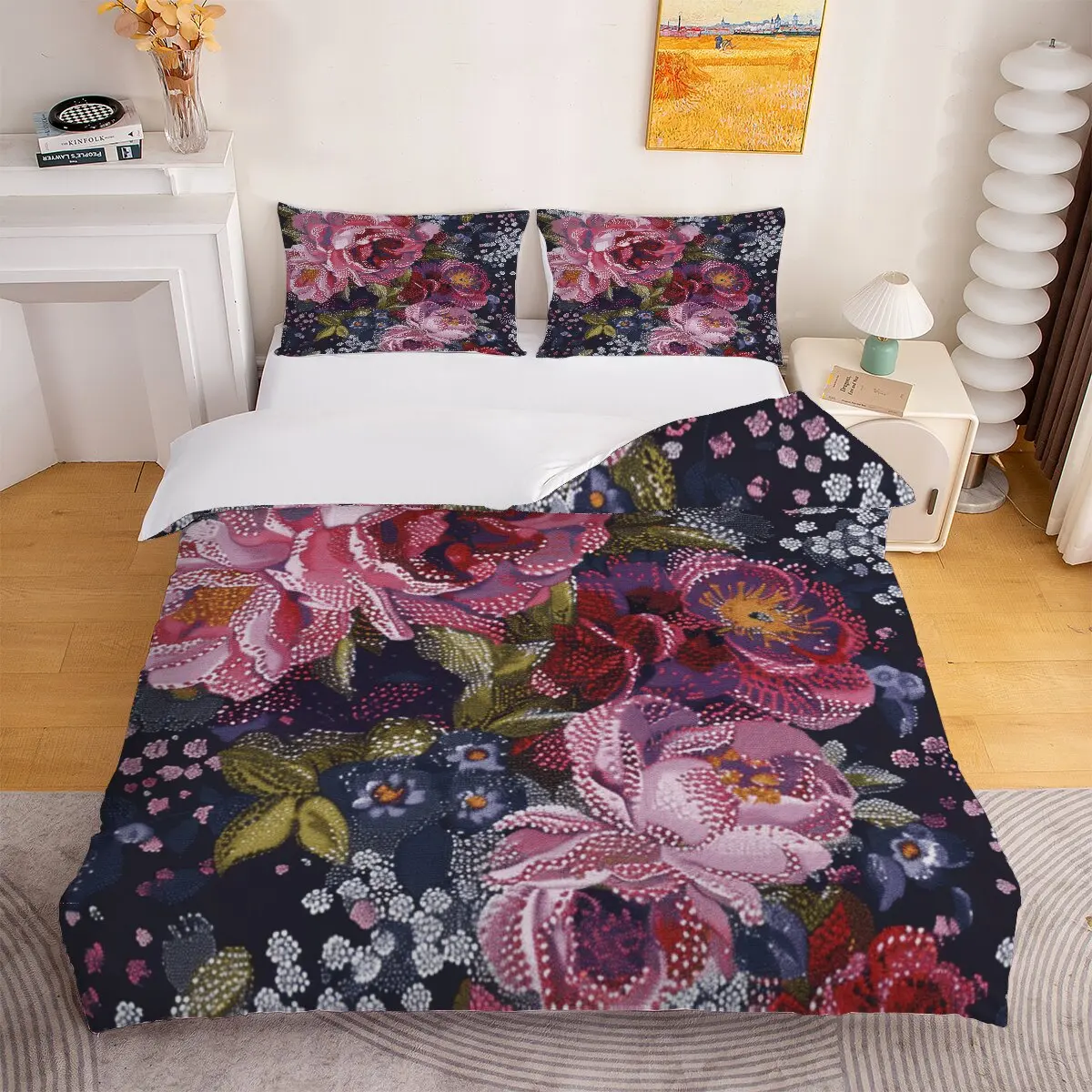 Pink rose  Down comforter set large size  Blue background  1 duvet cover, 2 pillowcases, 3 pieces