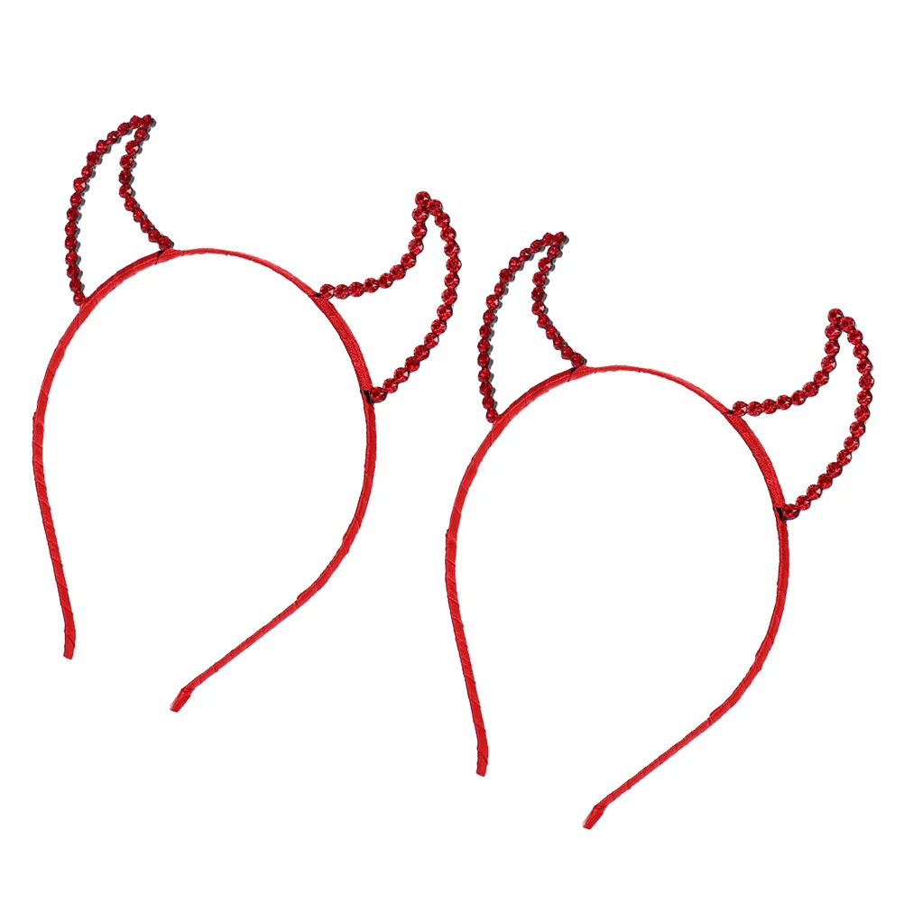 2 Pcs Horn Demon Headband Rhinestones Headdress Animal Halloween Headpiece Child Cosplay Hairband
