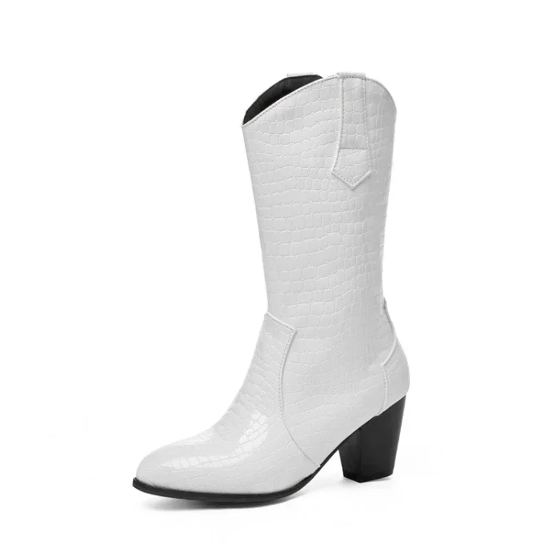 بوتاس دي موهير النساء الأحذية قبعات رعاة البقر الغربية الأحذية بولي Leather جلد عالية الكعب أحذية منصة القوطية حجم كبير 46 47 48 307-1