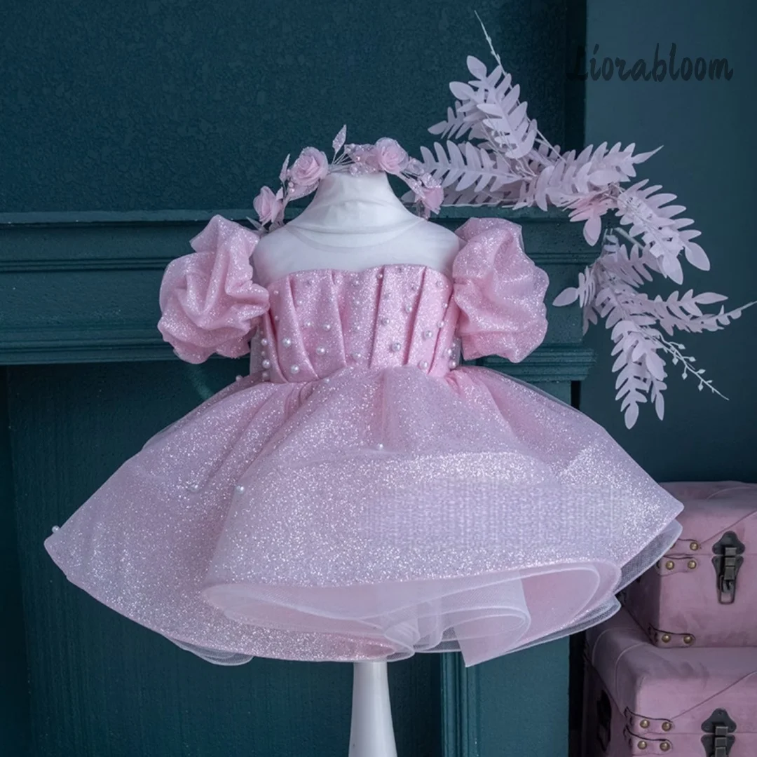 

Customized Girls' Formal Gown Puff Sleeves Pearl Embroidery Princess Dress Flower Gown Wedding Party Attire свадебное платье