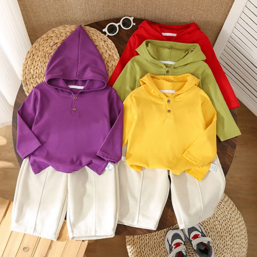 Autumn Kids Hoodie Set Unisex Solid Color Button Placket Long Sleeve Top+Pants 2 Pcs Set Korean Style Children Two Piece Clothes