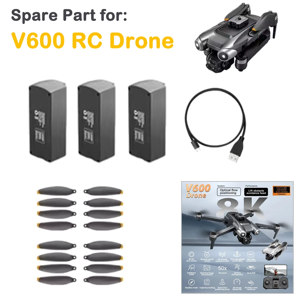 V600 RC Drone Mini 4 PRO borstelloze quadcopter origineel reserveonderdeel V600 batterij 3,7 V 2000 mAh / USB-oplader / V600 propelleronderdeel