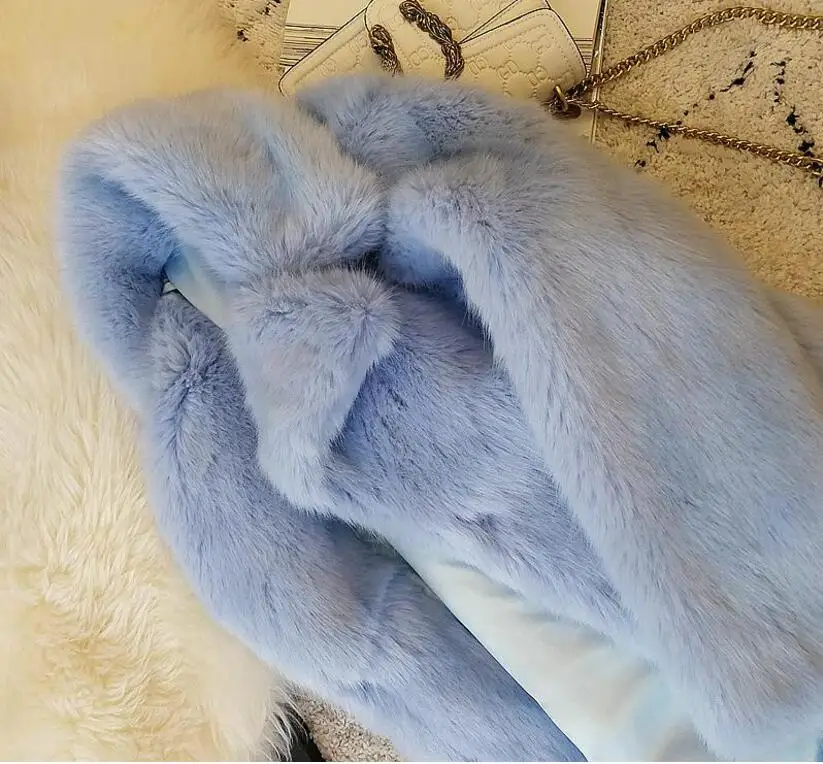 HIGH QUALITY Winter Lapel Hairy Shaggy Faux Fur Jacket Aqua blue Vintage Long sleeve Furry Faux Fur Coat Mid Long Outerwear