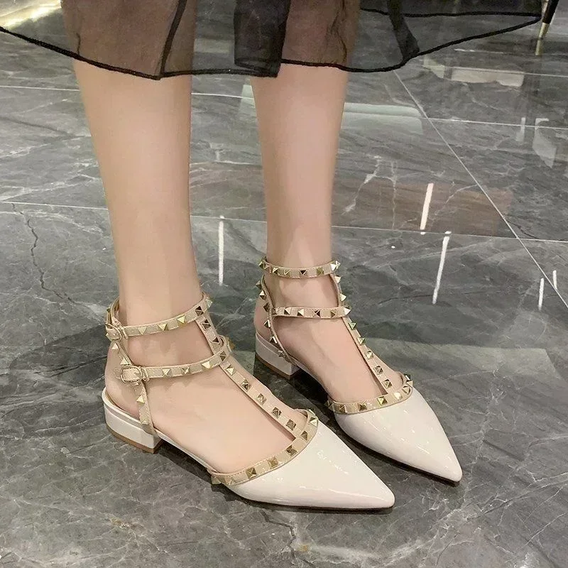 Shoes for Women 2024 Fashion Slingbacks Buckle Female Sandals Spring Pointed Toe Rivet Shallow Sexy Dress Party Low Heels Shoes