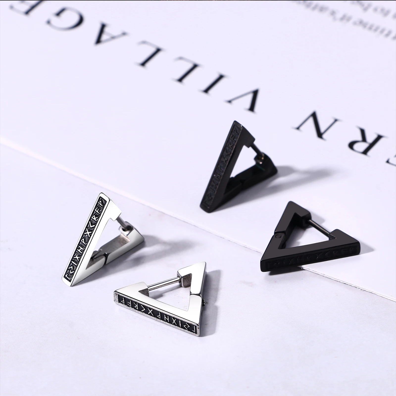 BONISKISS Vintage Norse Viking Runes Black Earrings Triangle Stainless Steel Nordic Piercing Ear Studs for Women Men Jewelry Set