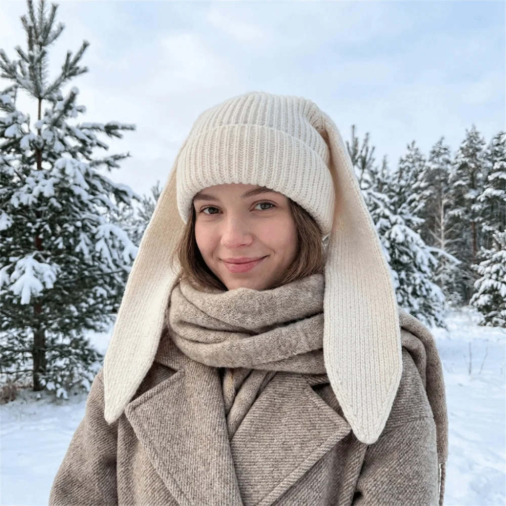 Vintage Solid Color Rabbit Long Ear Knitted Hat Warm Thickened Bunny Beanies Hat Coldproof Breathable Winter Pullover Hat Girl