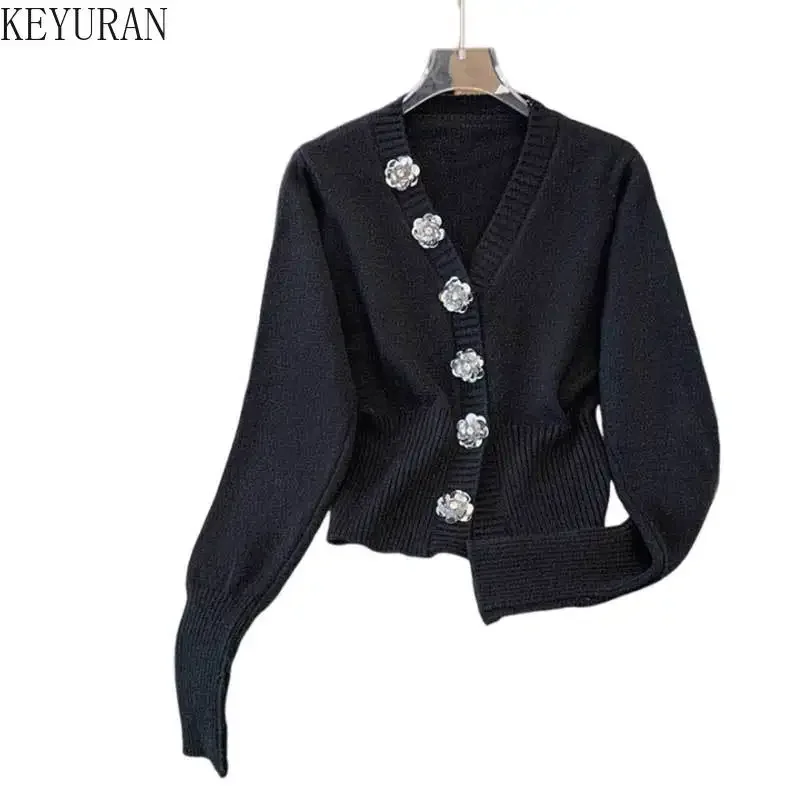 Black Flower Button Deisgn Knitted Cardigan Women\'s Sweater 2024 Autumn Winter New Vintage Chic V-neck Long Sleeve Knitwear Tops