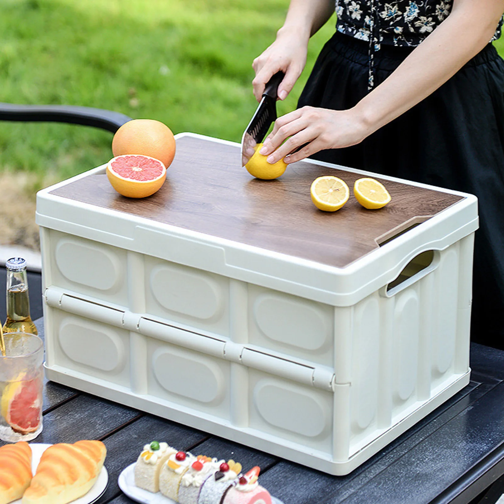 

30L Outdoor Folding Storage Box with Wooden Panel Multifunctional Storage Cabinet Car Backup Storage Box for Travel Camping