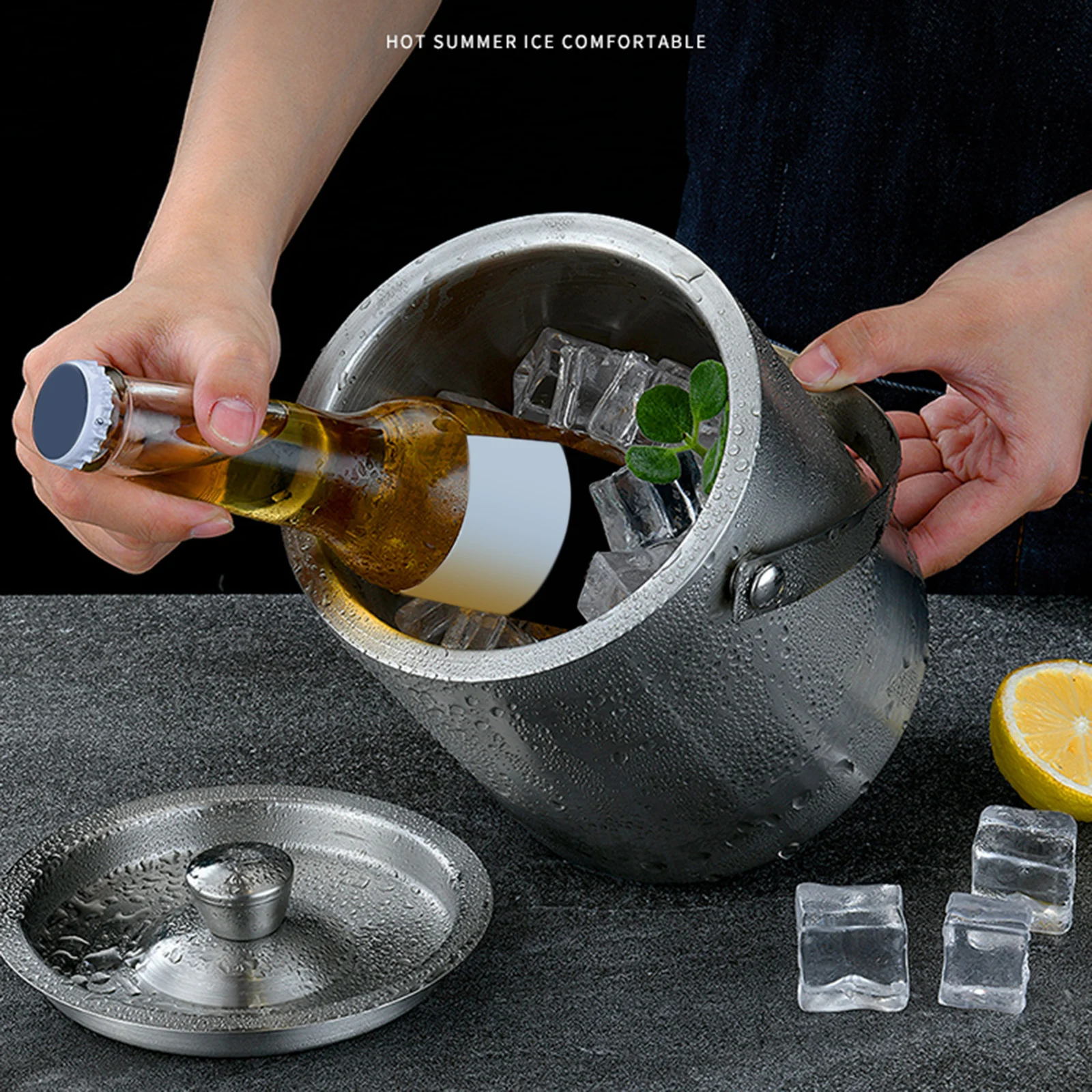 Stainless Steel Ice Bucket Portable Ice Bucket Cocktail Bar Cart Carry Handle Drink Tub For Cocktail Parties Beverage Tub