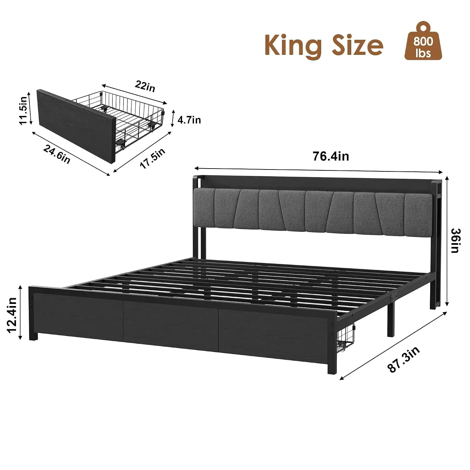 Industrial King Bed Frame with Storage Headboard & 2 Drawers Plus Charging Station, Metal Platform No Box Spring, Customized