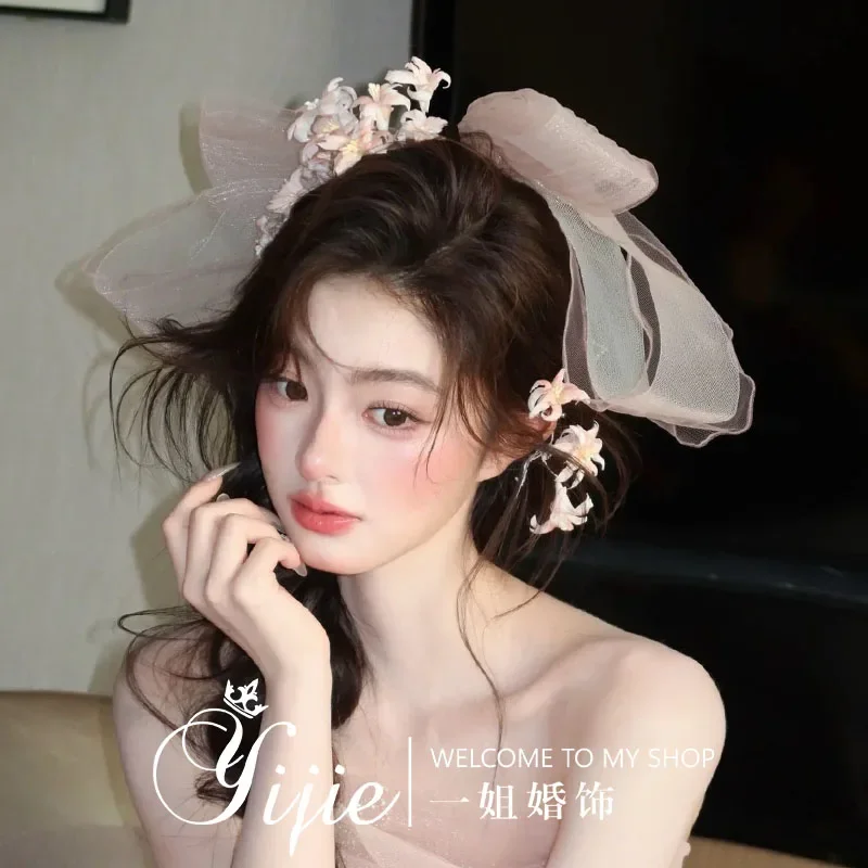 New big pink bow Mori small flower hairpin hair accessories Super fairy bridal wedding dress modeling disc hair headdress