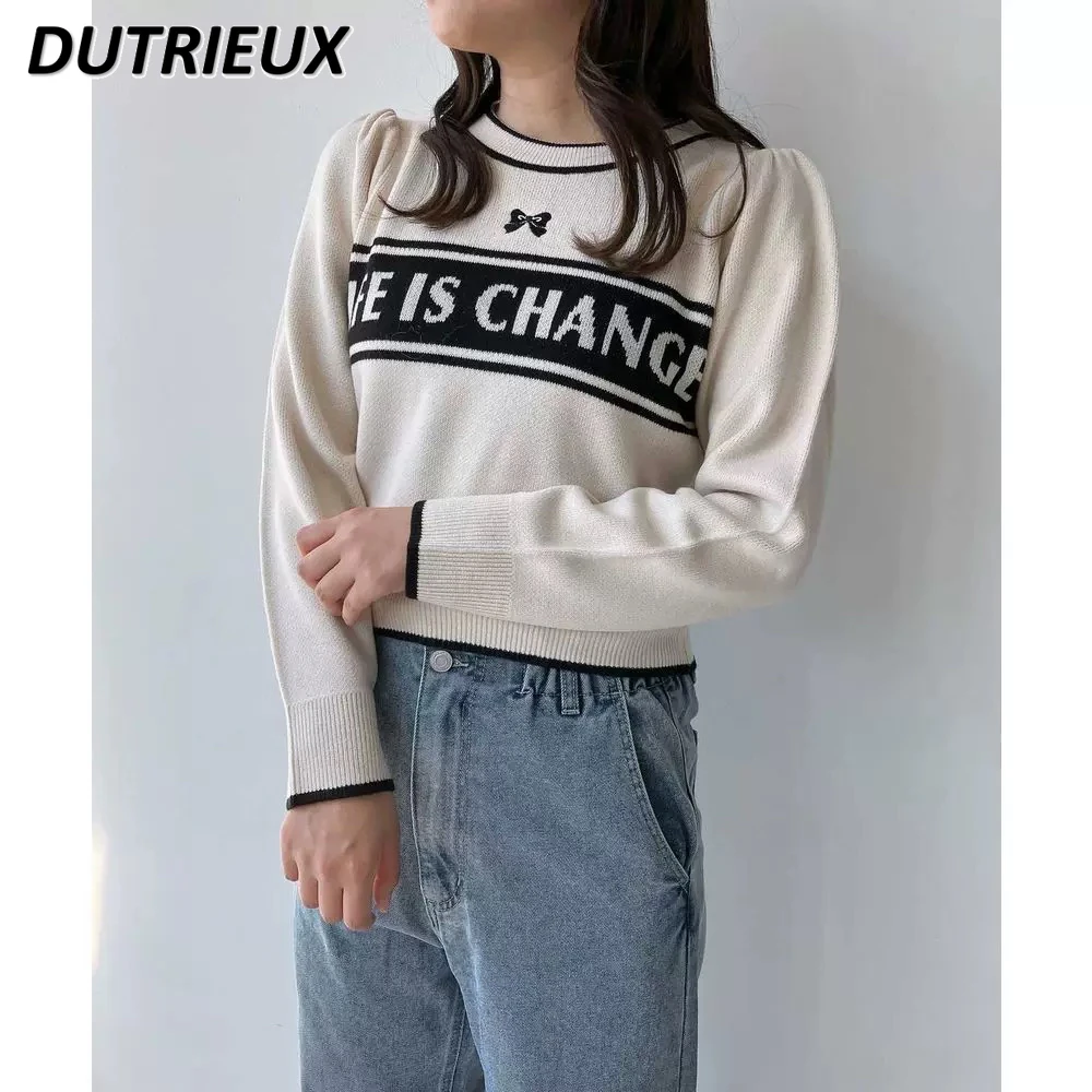 Autumn Winter Japanese Sweet Simple Bow Letter Knitted Pullover Round Neck Bubble Long Sleeve Versatile Outer Wear Inner Sweater