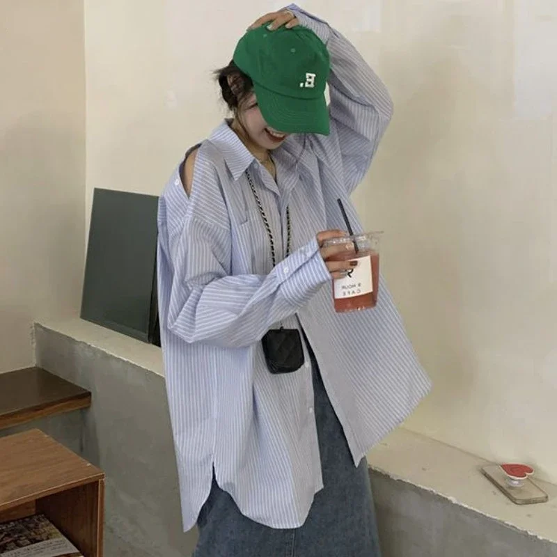 Chemises à revers rayées pour femmes, décontracté, simple, style coréen, confortable, tout match, évidé, mode féminine, 03, printemps