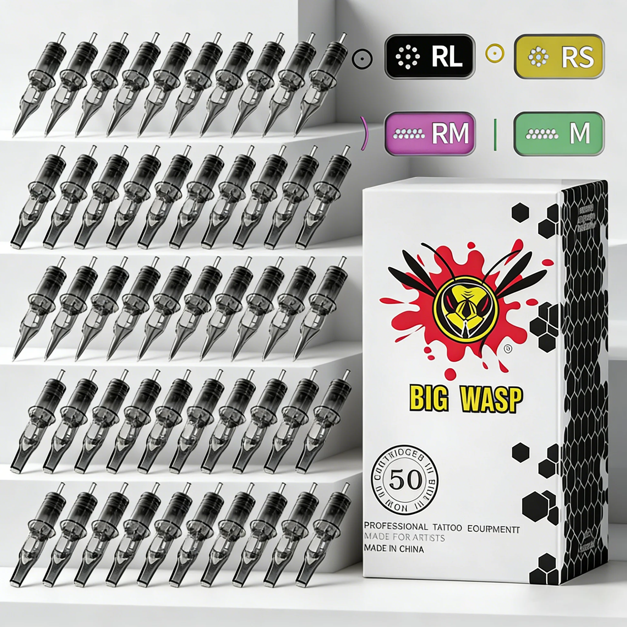 

BIGWASP Gray Tattoo Cartridges Needle RL/RM/RS/M1 Round Liner Disposable Sterilized Safety Tattoo Needles RL/RS/RM/M1 50pcs/Box