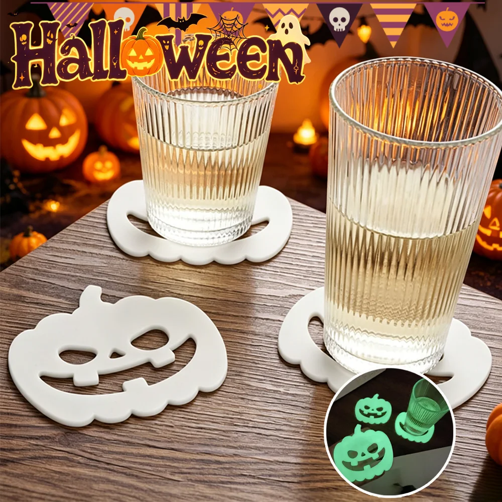 White Silicone Heat Resistant Non Slip Glowing Coaster Set Spider Web Halloween Pumpkin Home Decor Table Mat Gift
