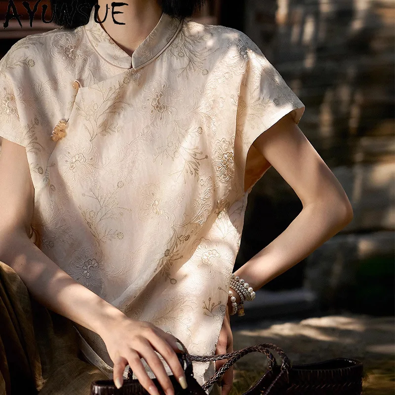 

AYUNSUE Natural Mulberry Silk Women T Shirts New Chinese Style Tops for Woman Stand Collar T Shirt Summer Clothes for Woman Топ