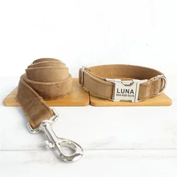 Personalized Dog Collar with Free Engraving, Matching Pet Leash,Customzied Contacts Metal Buckle,Camel Brown Suede Pet Collar