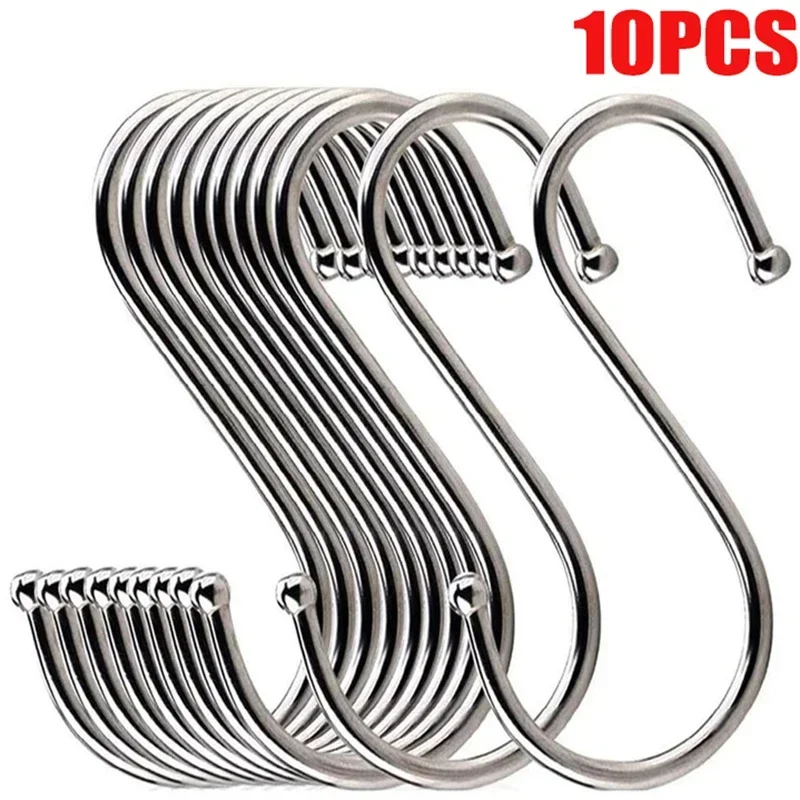 10Pcs S-Shape Hook Stainless Steel Clothes Bags Towels Plants Hanging Rack Multi-function Kitchen Bedroom Railing S Hanger Hook