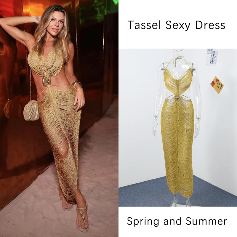 

Fashion Adjustable Slim Club Party Dress Elegant Deep V-neck Hollow Fringe Dress Women Sexy Sleeveless Backless Solid Long Dress