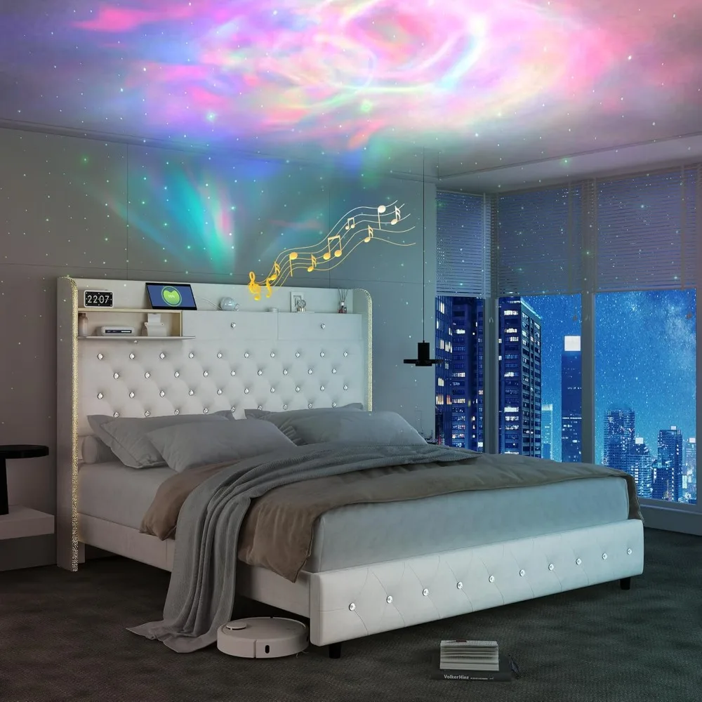 إطار سرير LED مع جهاز عرض Galaxy Aurora Star، وسرير بمنصة مع محطة شحن، وحدة تخزين مخفية منجدة