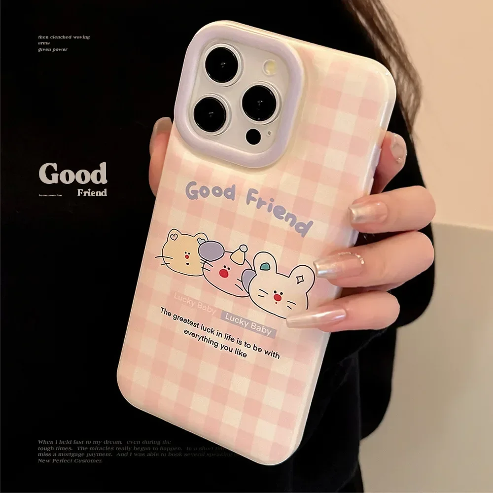 Retro Style Pink Plaid Cartoon Cat Phone Case for IPhone16 15 14 12 13 11 Pro ProMax Plus X XR Shockproof Phone Cover