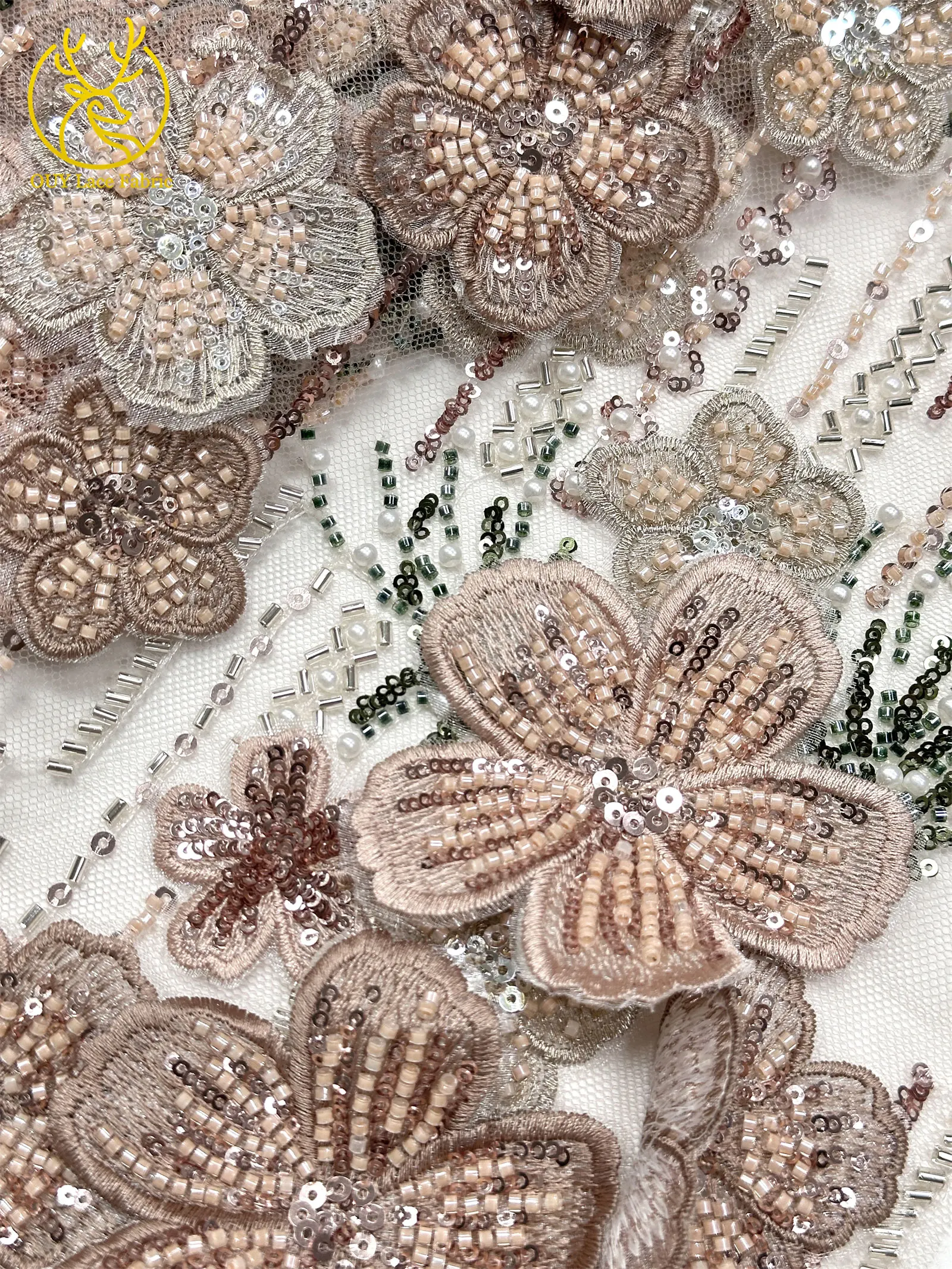 Maßgefertigter Luxus 3D Handbestickter Blumen-Spitzenstoff Hochwertige Afrikanische Perlen-Pailletten-Spitze für Hochzeitskleider und Näharbeiten – Detail 14