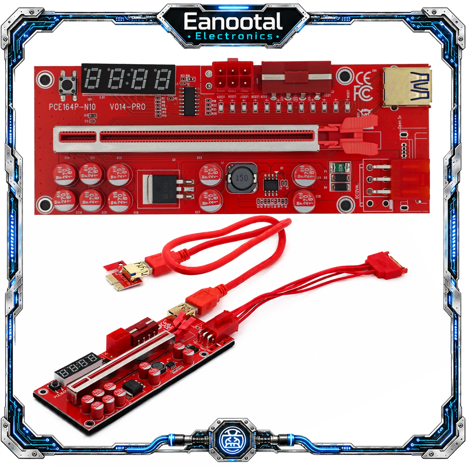 PCI-E X1 to X16 Powered Riser Adapter Complete Kit, USB 3.0 Extension Cable PCIEX1 Card and SATA 6Pin Cable for GPU Mining Rig
